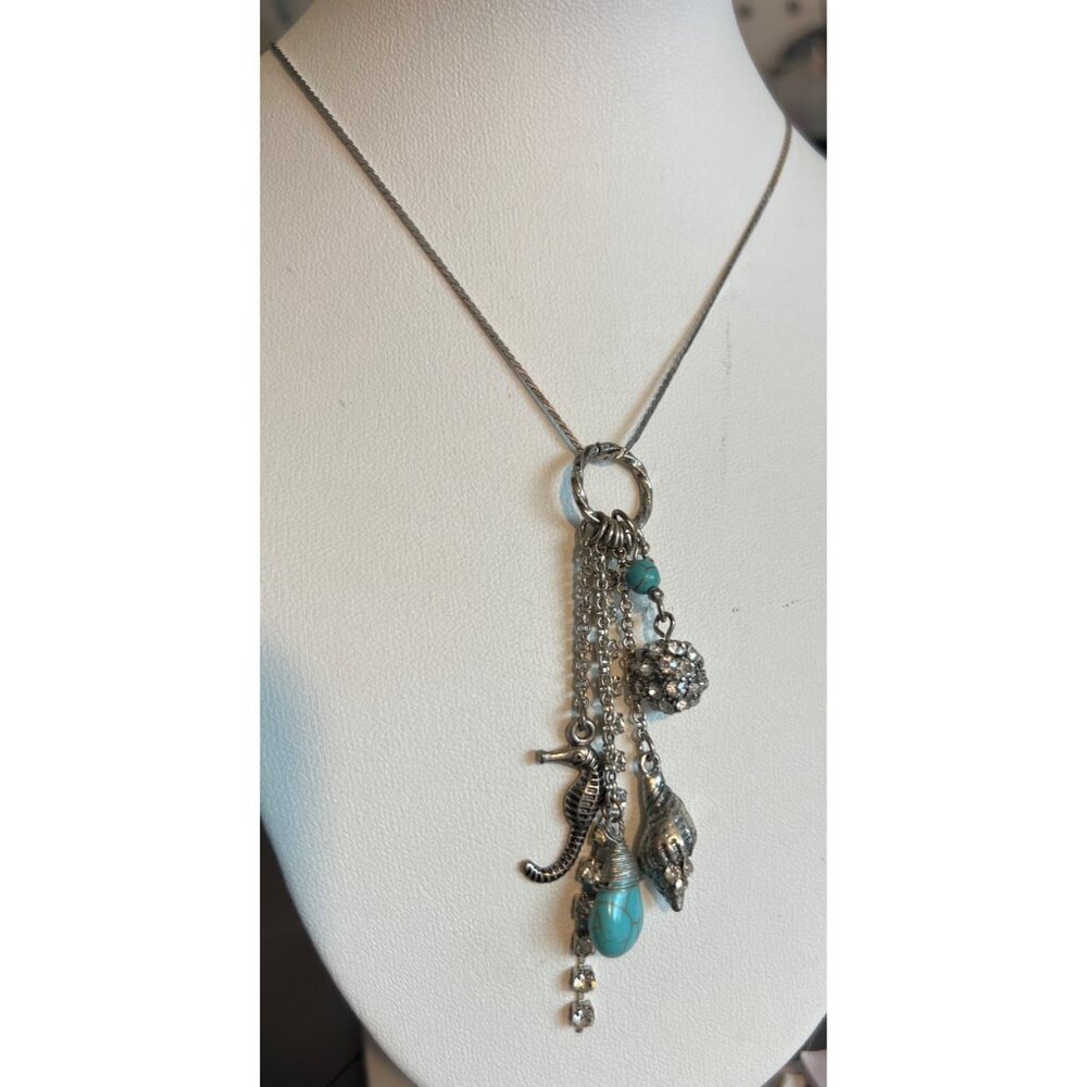 Silver Tone Charm Cluster Pendant Necklace Faux Turquoise Rhinestone Sea Life